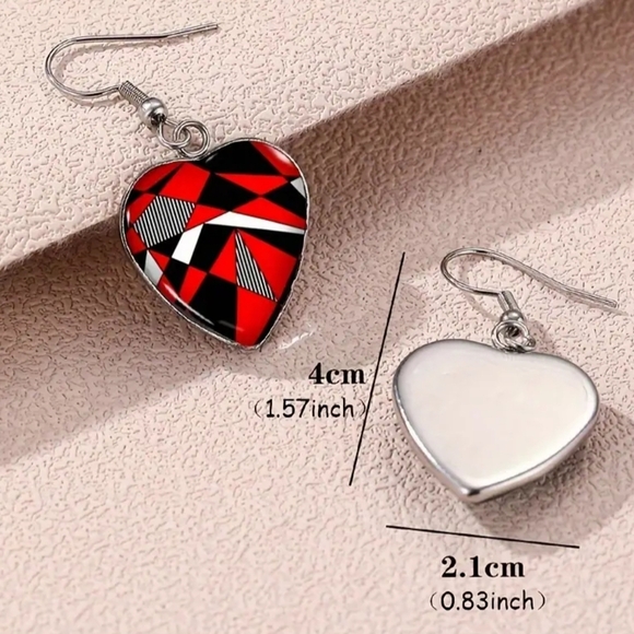 Red Black Heart Earrings Modern Abstract Artistic Geometric Silver‎ Dangle - Picture 2 of 4